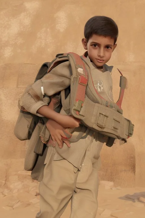 A Palestinian child carries on his shoulders a large bag with windows and doors