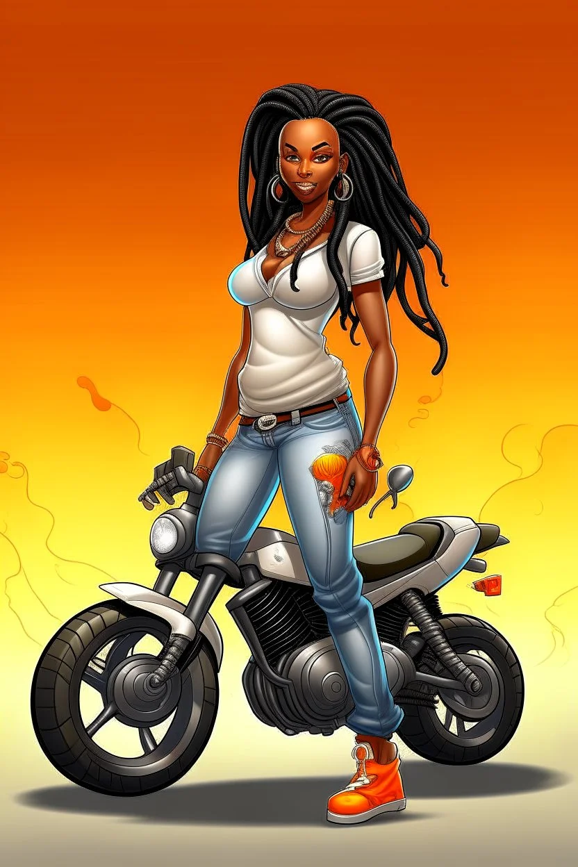 Create a digital airbrush cartoon of a curvy African American female wearing tight white jeans and a off the shoulder orange blouse. She is also wearing timberland boots. Prominent make up with hazel eyes. Highly detailed very long extremely dread locs black hair. Her skin is smooth and silky. Background of a track of ATV riders.