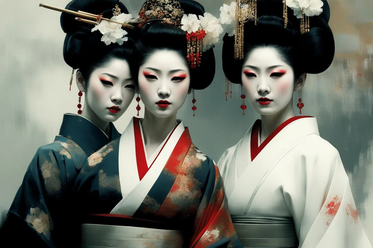 Jeremy Mann style painting, Oiran portrait, white make up on her face, traditional Kimono, digital matt painting, Jeremy Mann style, with rough paint strokes