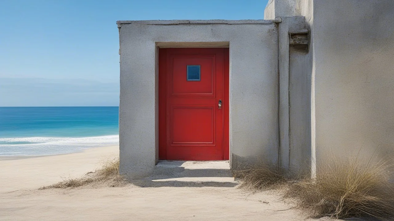 A bright red door is partially open, set against a backdrop of calm blue ocean waters and a sandy beach. The wall around the door is weathered and peeling, with exposed concrete and some electrical wires visible. The scene has a tranquil yet surreal quality, with gentle waves lapping at the shore and hints of sunlight illuminating the area.