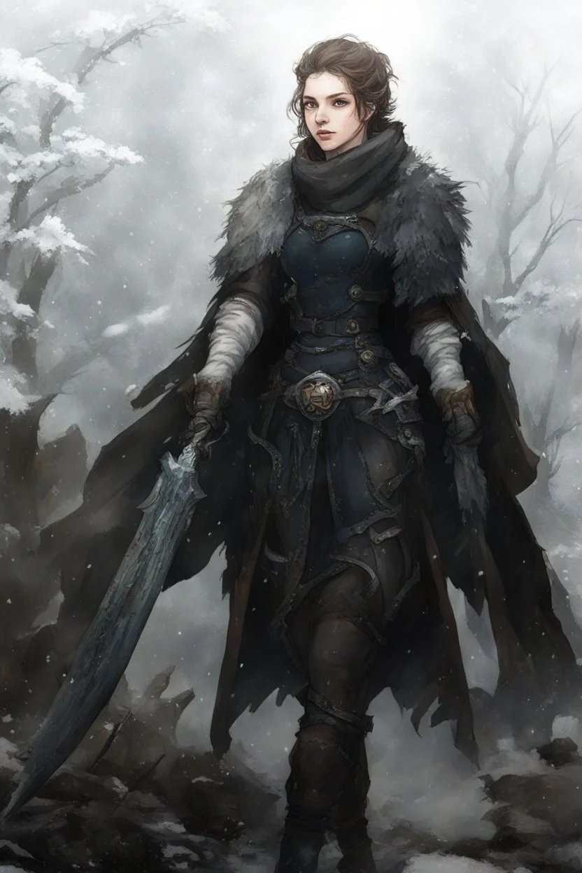 A female cleric dressed for the winter, with brown hair. Snowy background