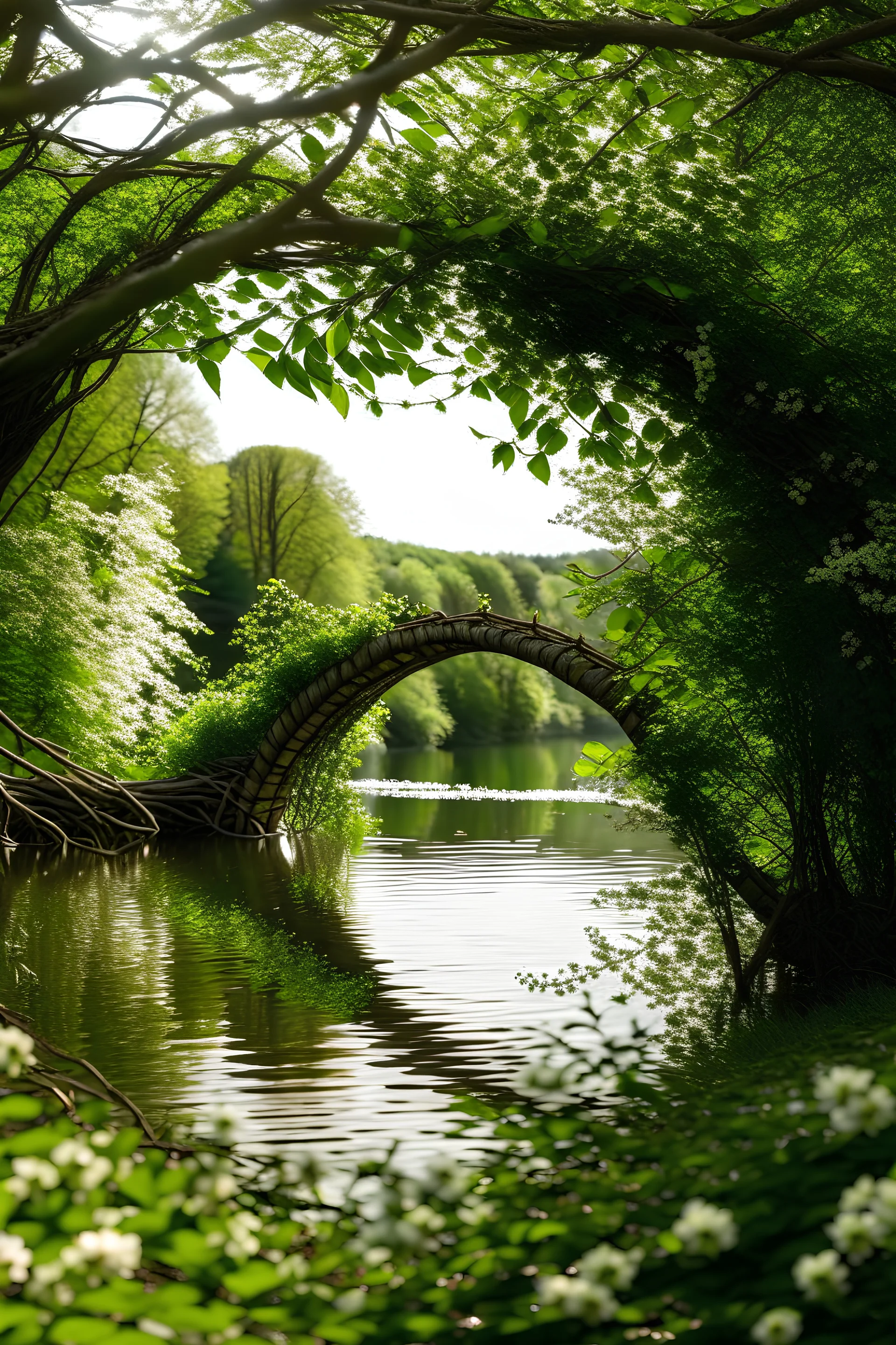 A picturesque arch made of intertwined wooden branches adorned with white and green flowers stands by a serene riverside with A bridge between tree arches , surrounded by lush, leafy trees under soft, diffused sunlight.