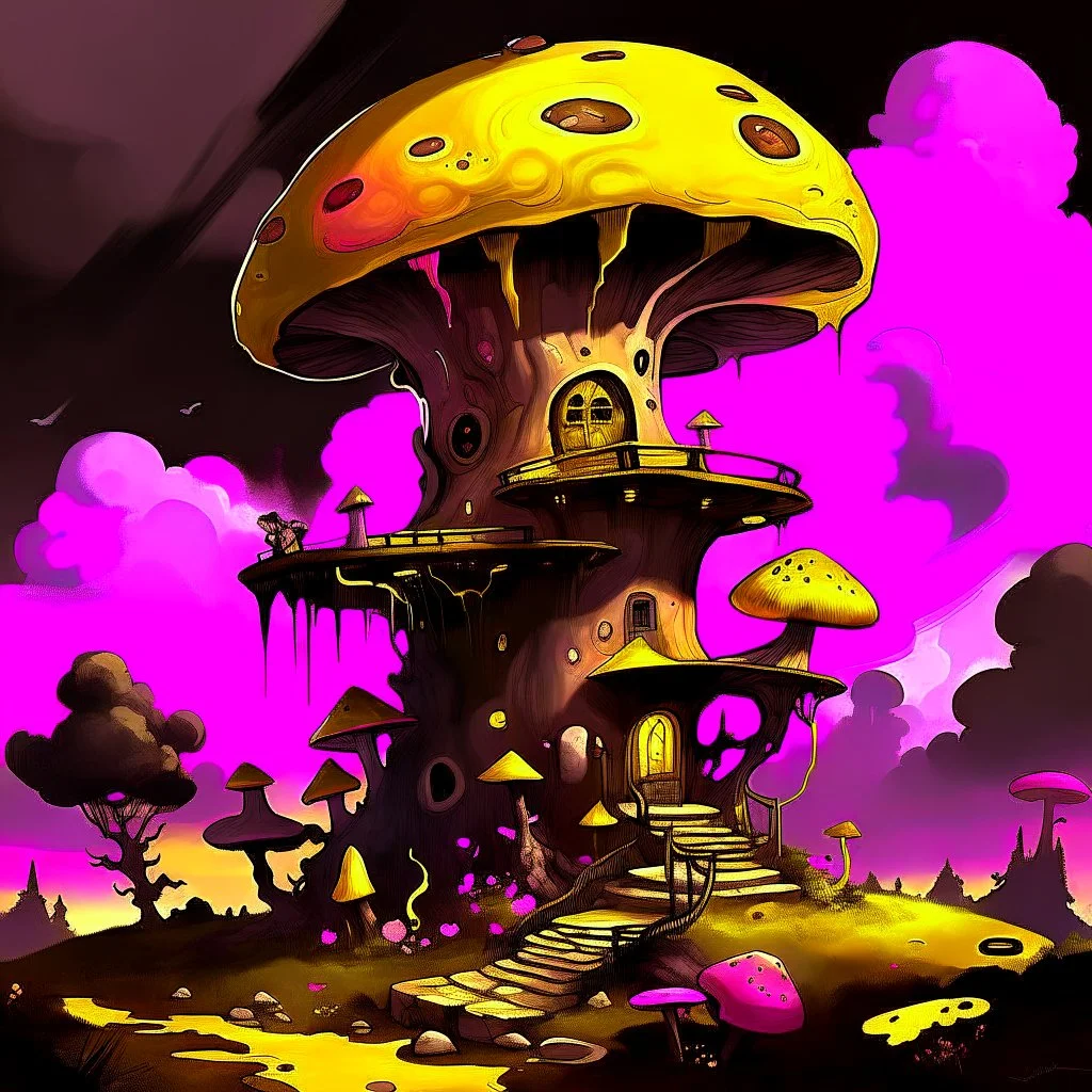 A fantabulous black, yellow, and pink (((mushroom tower house))) erected atop a (geologic pillar), surrounded by the uncanny imaginative ((( swirling skies))), offset by the stark hues of a (neon-tinged nebulous space scape), within. captured by the hand a skilled master painter with a focus on (softly blurred compositions and voluminous lighting).