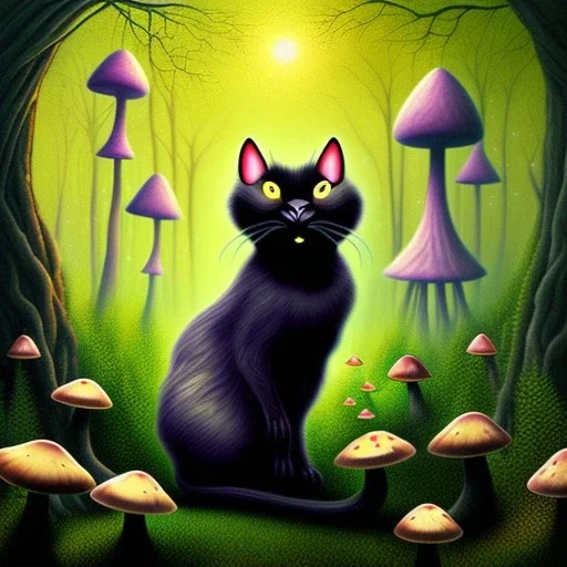 Black cat sitting, mushrooms in a psychedelic forest