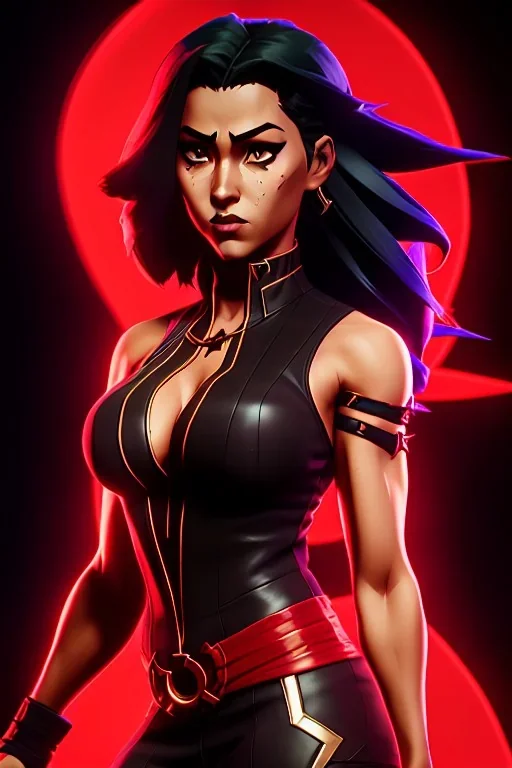 j.scott campbell, serena from mortal kombat, full body portrait, wearing black and red, big eyes, long black hair with red streak, small up turned nose, large breasts, small waist, round butt, standing, dark cobblestone alley, one halo light above, non photorealistic rendering