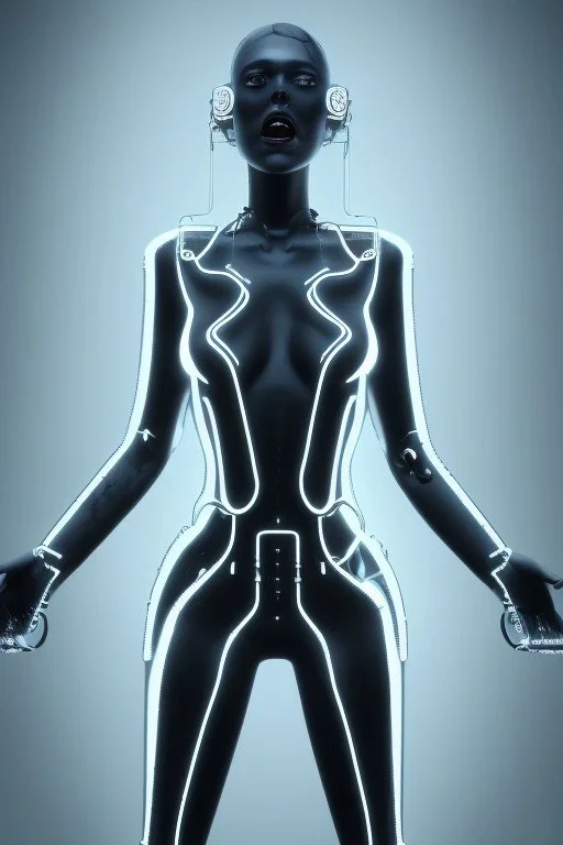 cyberpunk, black latex body, women, body portrai, big boobs, open mouth, highlight eyes perfect, skin, tron, cyborg , perfekt, real, dream, hr giger