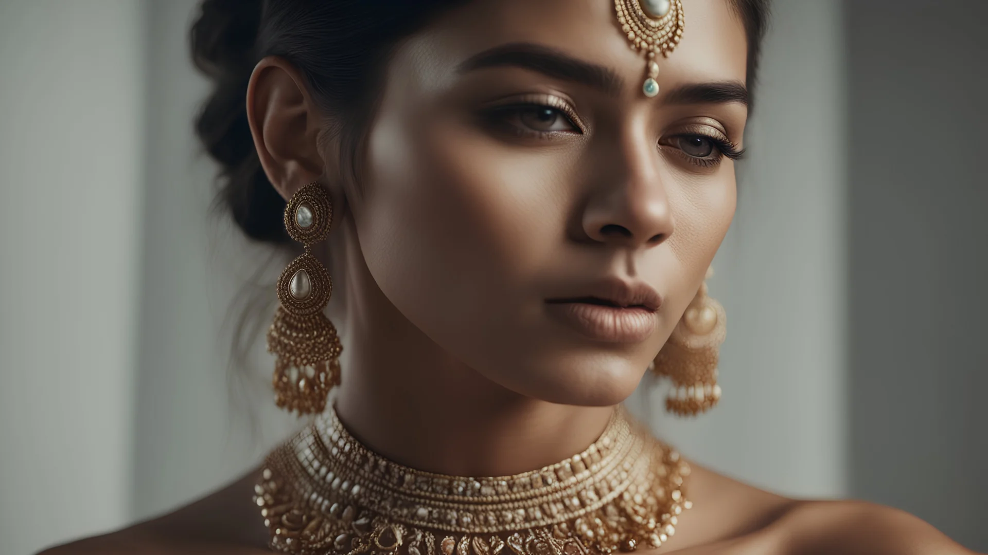 An incredibly detailed female model, half body shot, wearing minimalistic Indian Jewelry, Shot on a Hasselblad high format camera, Unmistakable to a photograph. Cinematic lighting. 4k, 8k, 16k, full ultra hd, high resolution and cinematic photography --ar 3:2 --v 5 --up-beta --Screen Space Reflections --s 200 --Diffraction Grading --Chromatic Aberration --GB Displacement --Scan Lines --Ambient Occlusion 32k uhd --Anti-Aliasing FKAA --TXAA --RTX --SSAO --OpenGL-Shader’s