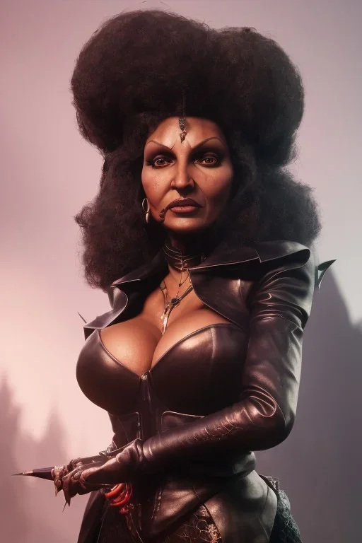 Pam Grier as evil queen in black leather, leather, busty, cleavage, angry, stern look. character design by cory loftis, fenghua zhong, ryohei hase, ismail inceoglu and ruan jia. unreal engine 5, artistic lighting, highly detailed, photorealistic, fantasy