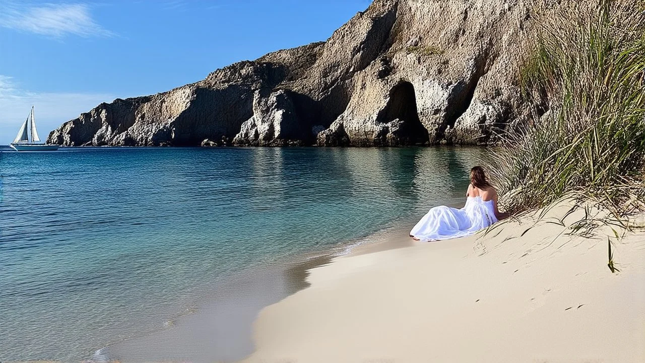 A serene coastal landscape featuring a sandy beach with intricate patterns, lush rocky cliffs in the background, and a calm sea with a distant sailing boat. A figure in a flowing white gown lies peacefully on the sand, surrounded by sparse vegetation. The sky is bright with soft clouds, evoking a sense of tranquility and dreaminess.