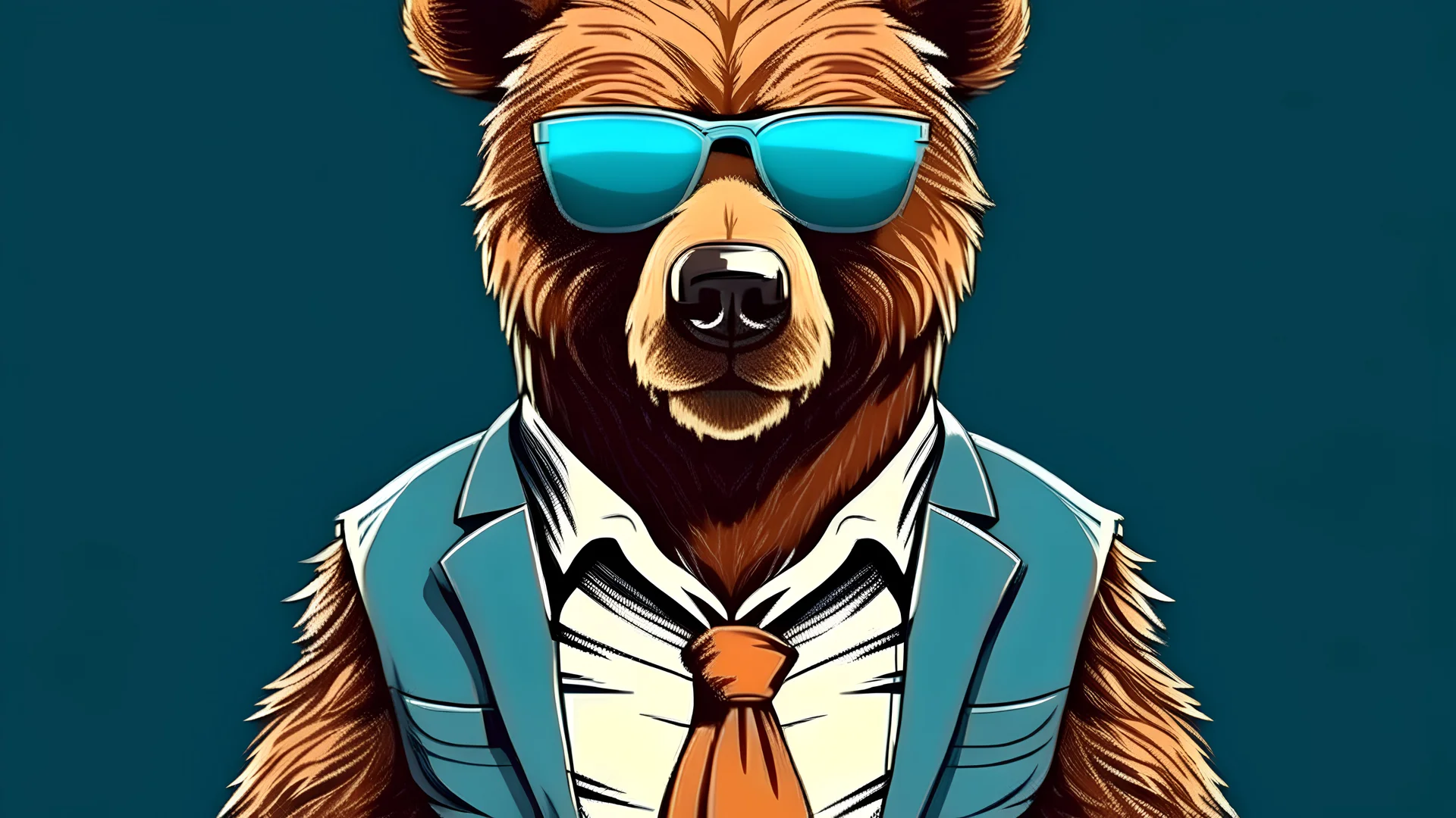 Cool looking bear wearing funky fashion dress - jacket, shirt, tie, dark shades sunglasses. Wide banner with copy space side. Stylish animal posing. Generative AI