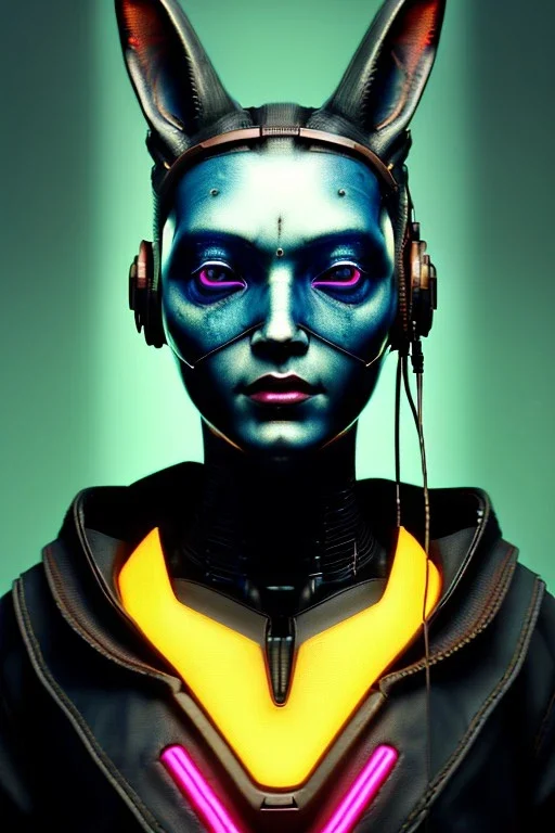 Medium Close Up Portrait, Front image. cyberpunk, rabbit mask, teenager, asian woman, cyber helmet head. Geisha dress. Yellow, black, color. Mad max style. renaissance ornaments, Color background, photo studio. Front image, highly detailed, concept art, smooth, unreal engine 5, ray tracing, RTX, lumen lighting, ultra detail, volumetric lighting, 3d, finely drawn, high definition, high resolution.