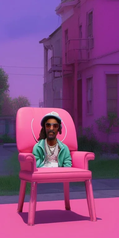 Snoop dogg, sitting. a chair. pink houses, pink sky, pink smoke, trees, outdoors. Groove street. 28mm