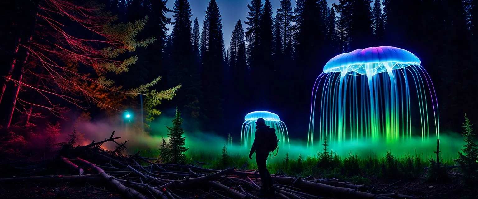 Bigfoot epidemiologist investigating, closeup, giant bio luminous Rainbow floating high JellyFish, light floating in a forest, mist, light trails, nighttime, long exposure, Treeline, Alberta, scientist, Dystopian, Hyper detailed, Realistic, Extreme depth of field, bokeh blur, Alberta all-natural, National Geographic, in the style of candid, imperfection, natural lighting, cinematic, Fuji Film, Anamorphic lens, 2040s, --ar 4:5 --w 150 --style ra