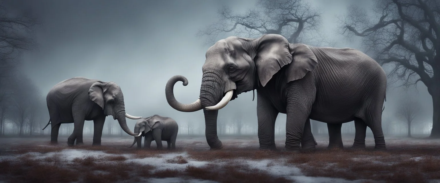 Hyper Realistic zombie elephants on the field behind a huge dark mansion with dry old tree at a foggy snowfall night