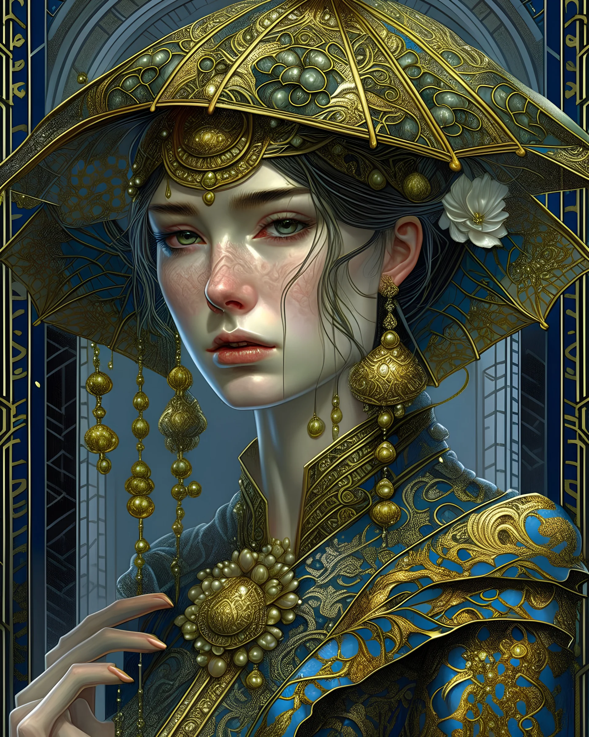 Beautiful young faced woman adorned with egyiptian jasminus flower palimpsest art nouveau metallic filigree voudore samanism in the rain wearing palimpsest art nouveau venetian face masque and floral filigree embossed dress voidcore decadent organic bio spinal ribbed detail of ribbed mineral stones extremely detailed hyperrealistic maximálist concept art nouveau portrait art