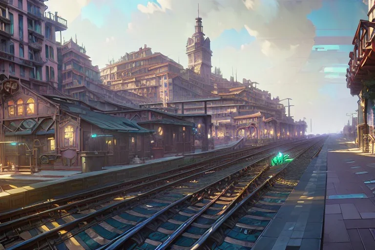 Trai Elevated Corner Trainstation in Italian village sea+liguria+alphonse mucha, greg rutkowski,matte painting, cryengine, hyper detailed, felix kelly, fantasy art, seb mckinnon