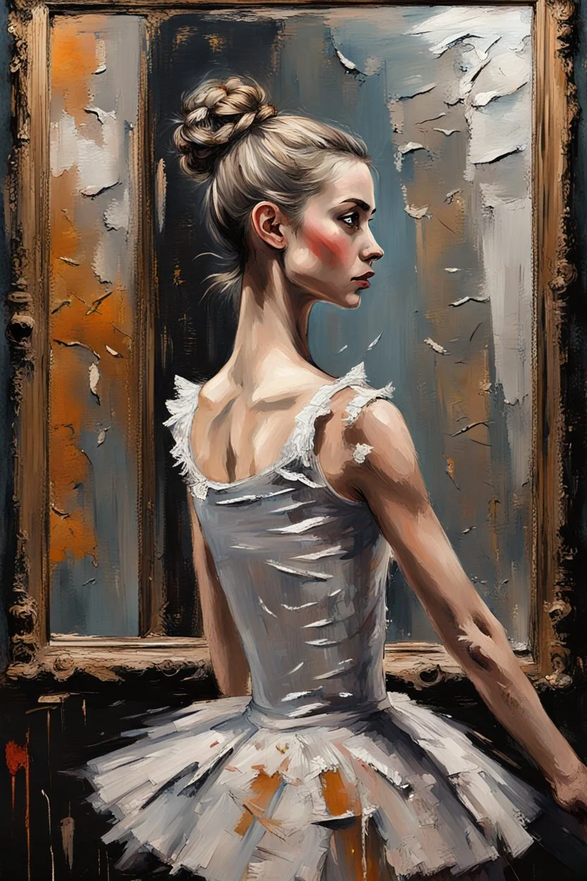 a beautiful ballerina, in a studio, Infront of a mirror, side profile with eyes looking slightly Down, her reflection in the mirror is however looking straight back at her and not looking down, scary, dark undertone, 12k, detailed painting, thick impasto and textures with rough brush strokes, chaos background with cracked paint, peeling off