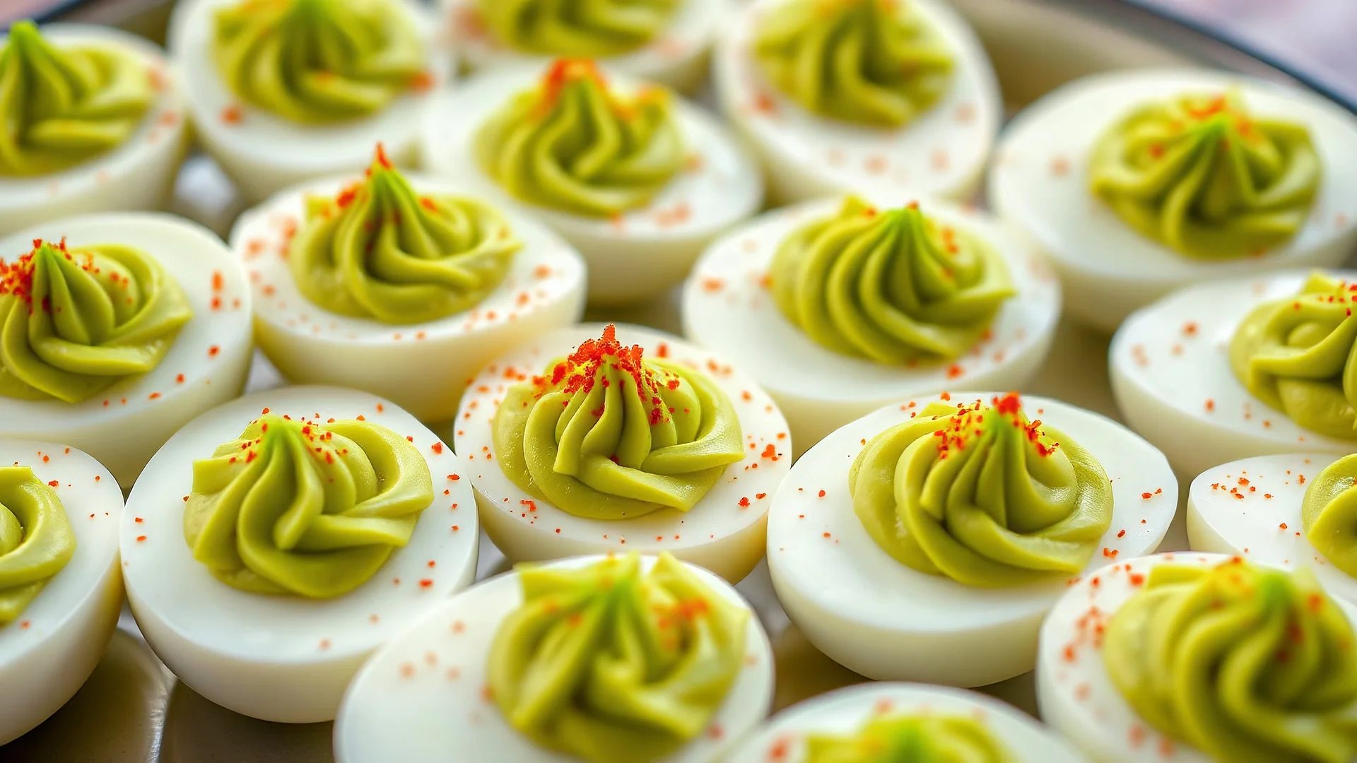 Bright green avocado deviled eggs arranged on a platter, with a sprinkle of paprika on top. The creamy avocado filling contrasts with the white egg, all in vivid, hyper-realistic 8k UHD detail.