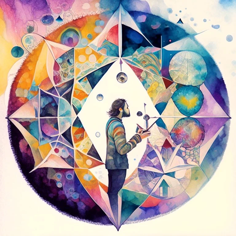 A watercolour painting,The artwork shows a person with a kaleidoscope in their hand, through which they view the world. The images within the kaleidoscope shift between real-life elements and fantastical creations, representing the constant blending of reality and imagination in their perception.