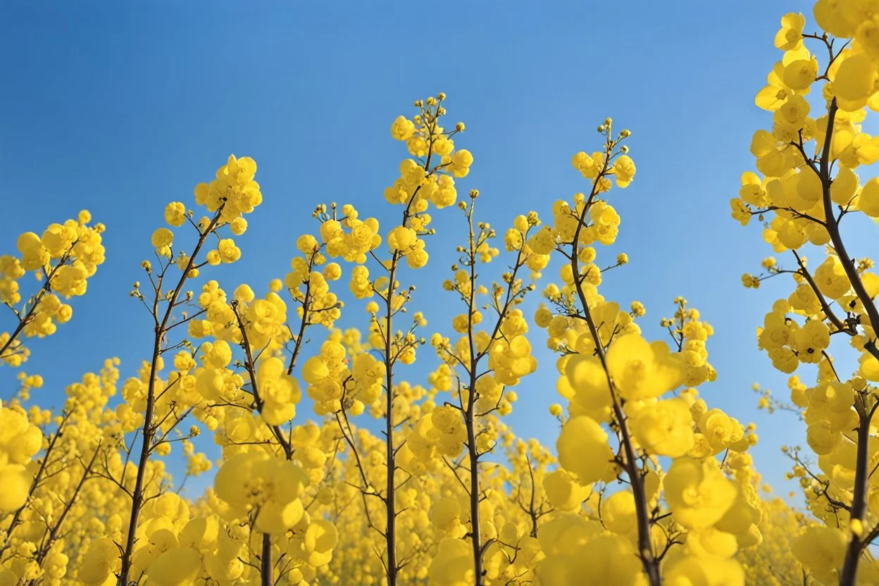 clear blue sky for top half, across Middle is canola flowers with green canola stems branches and leaves below, rapeseed sharp focus, realistic