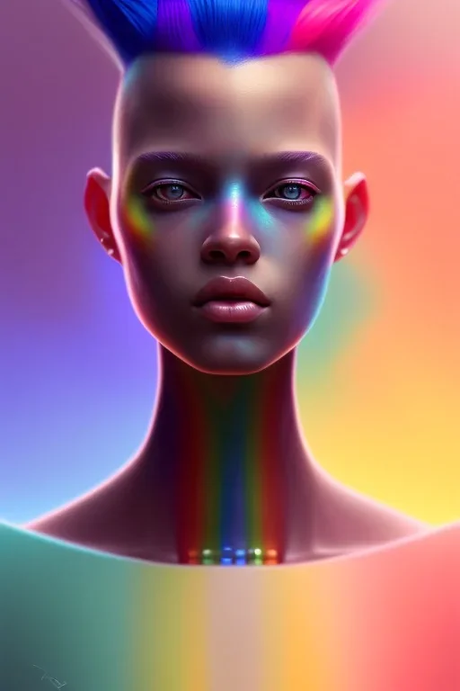 girl, cute, beautiful, shaved head, soft pastel rainbow hair, rainbow dress,robotic, african factions close up portrait by Greg Rutkowski