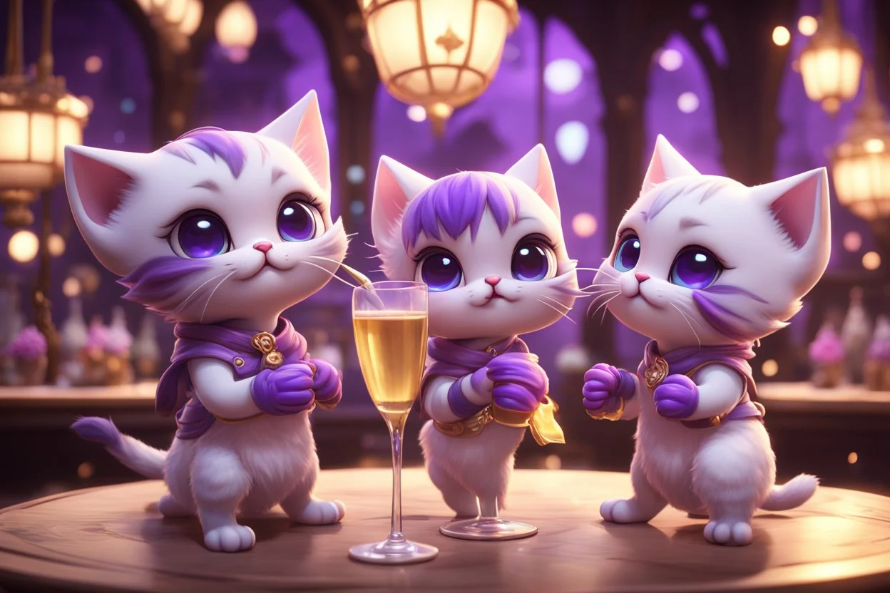 cute chibi kittens drinking champagne in a beautiful dessert shop in purple in lamplight Weight:1 3D Game Cinematic Feel, Epic 3D Videogame Graphics, Intricately Detailed, 8K Resolution, Dynamic Lighting, Unreal Engine 5, CryEngine, Trending on ArtStation, HDR, 3D Masterpiece, Unity Render, Perfect Composition Weight:0.9