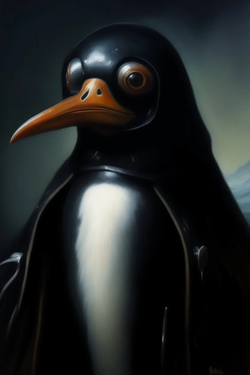 1970's dark fantasy cover dnd style oil painting frontal webcam picture of pengu the penguin.