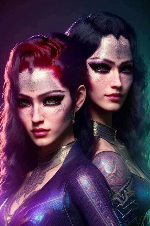 Matrix twins, 4k resolution, intricate details, ornate details, soft lighting, vibrant colors, retroanime, masterpiece, intricate eyeliner, dark eyeshadow, eyes, intricate tattoos, natural background, fae, sidhe