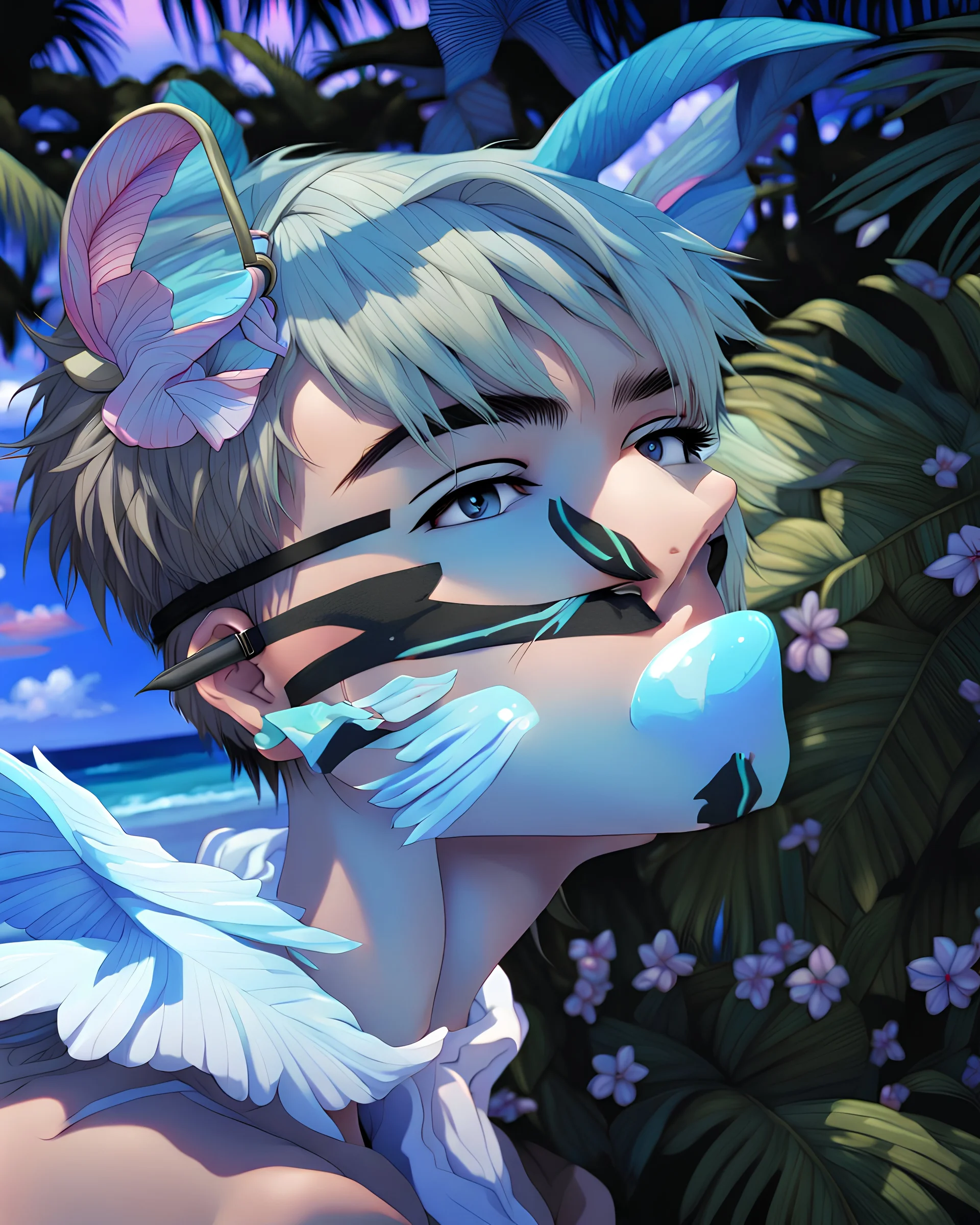 The beautiful and perfect portrait is on the tropical island, anime sexy, feminine male character on the beach for the magazine "Yaoi", 8K resolution, high quality, ultra graphics, and detailed with lines.