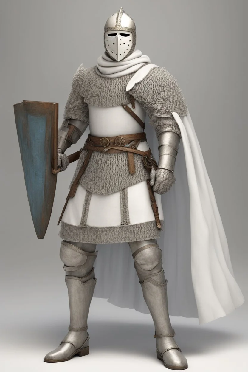 Knight wearing white chainmail armor and white cape with white face mask, holding a spear