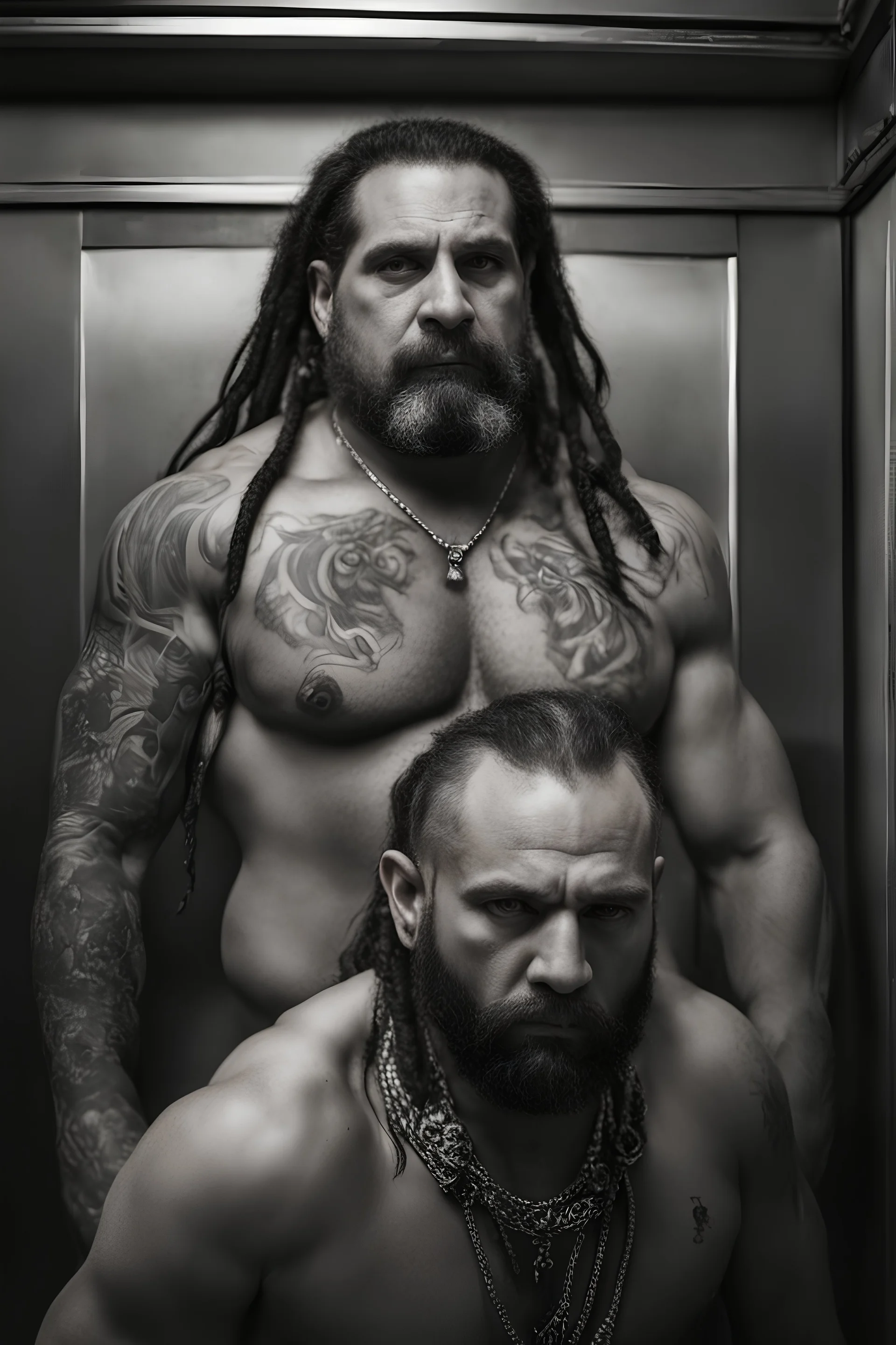 close up photography of two ugly gypsies close, face to face embraced, 41 years old with dreadlocks, big strong muscular chubby, tattoo, beard, bullneck, shirtless, manly chest, hairy torso , embraced, broken short pants,, angry eyes, in an elevator, top light, ambient occlusion, photorealistic, side view from the ground