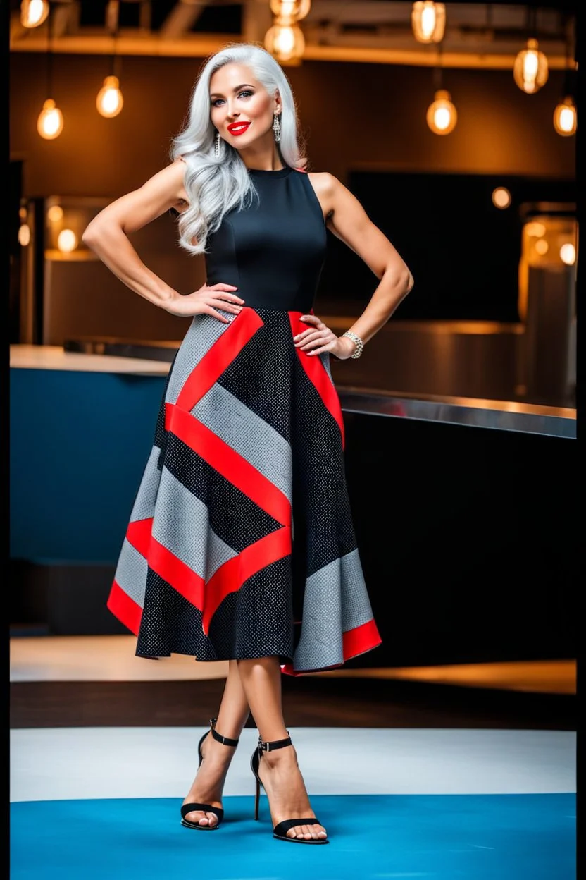 full body of very beautiful ukrain lady wearing light blue_black pretty midi flared dress ,white gray hair ,standing idle happy pose in studio