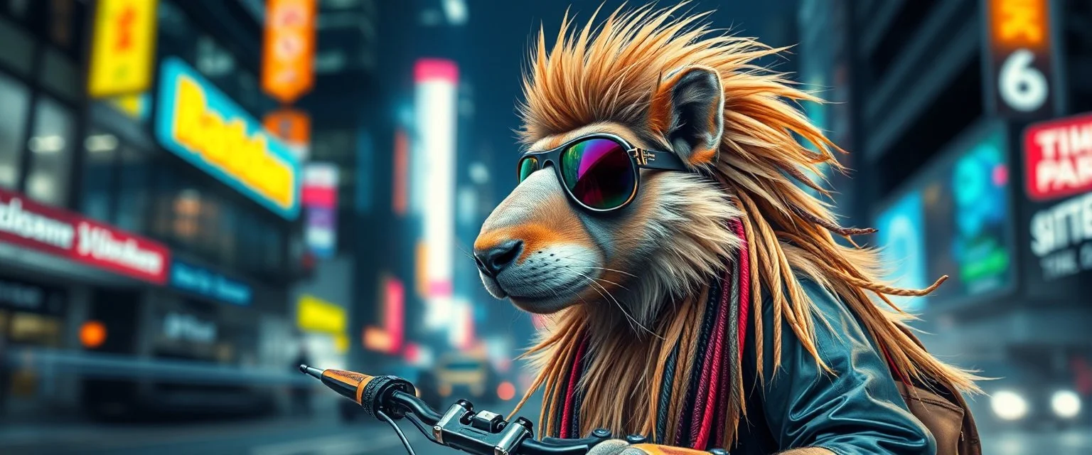 transparent biker weasel rasta man with cute fur, in big cyberpunk city crossover, volume light and motion blur, airbrush and pen outline