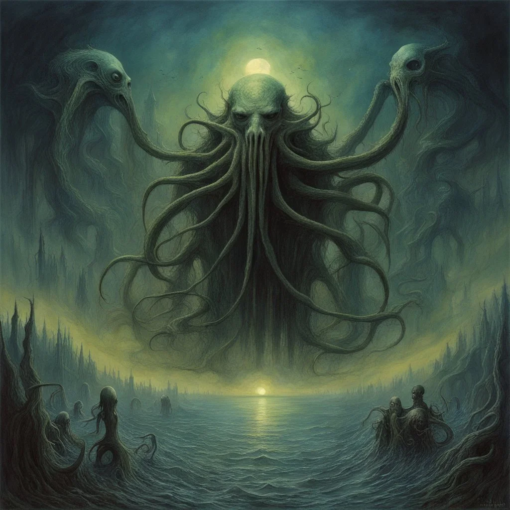 Music lyrics to image: " ancient Dagon and Cthulhu Not dead but dreaming ...disgorged into a sea of stars!" (metal album cover artwork by Zdzislaw Beksinski, Michael Whelan, Brian Froud:1.6). ((Themes: lovecraftian horror, eldritch gods, existential dread)), masterpiece, intricate detailed, 8k resolution, absurd res, hyperdetailed