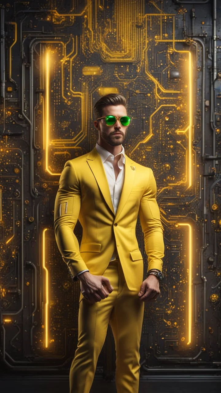 Hyper Realistic handsome muscular Electric-Superhero wearing long-fancy-yellow-tuxedo & fancy-sunglasses in a dark-rustic-circuit-room with electric-sparks & a massive circuit-board-wall