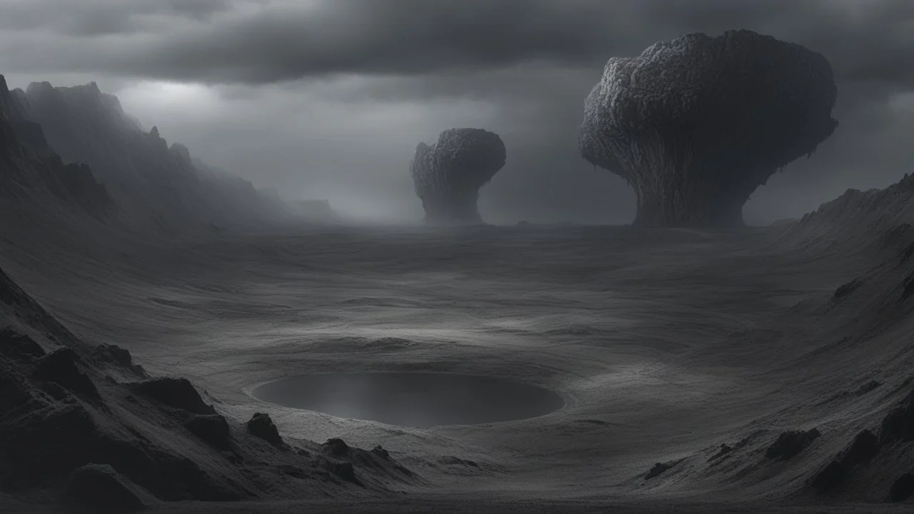 an apocalyptic flat landscape covered in dark gray dust. a massive nuklear crater. coast of ocean. dragonbones. dark grey mist. seen from the ground. fantasy, horror. no trees. cinematic lighting, hyper realisme, Hyperrealistic, splash art, concept art, mid shot, intricately detailed, color depth, dramatic, 2/3 face angle, side light, colorful background