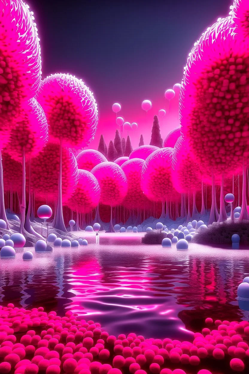 A stunning forest with tree made out of plastics and a lake of white small balls ad water, surreal, Dali, Van Gogh, fine line art styles , fantasy world ,3D , 8k, dim lighting and clouds is fume, dark red colors