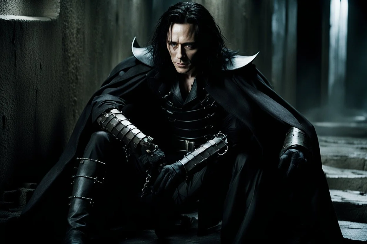 Action shot of Tom Hiddleston as Alucard from the live action "Hellsing" movie based on the anime of the same name. He is sitting, arms chained to a dungeon wall. He appears to be corpse wearing black wrappings that cover all except his head, feet, and hands. His straight, black hair hangs to the floor. A vague smile is on his gaunt face.
