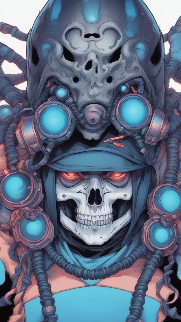 a close up of a person with a skull on their head, blue and black colors, anime skull portrait man, scary detailed art in color, hiroyuki-mitsume takahashi, nychos art aesthetic, half man half skeleton, anime cyberpunk art, colored manga art, rossdraws pastel vibrant, hot colors. insanely detailed, beautiful anime portrait, stunning anime face portrait, scary art in color