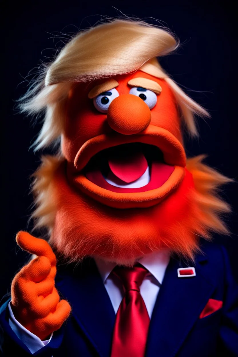 a Film Photograph of a realistic angry orange Donald Trump Muppet made of felt and fur wearing a dark blue suit and red tie and with blonde hair combover, he is old and angry with a small round mouth