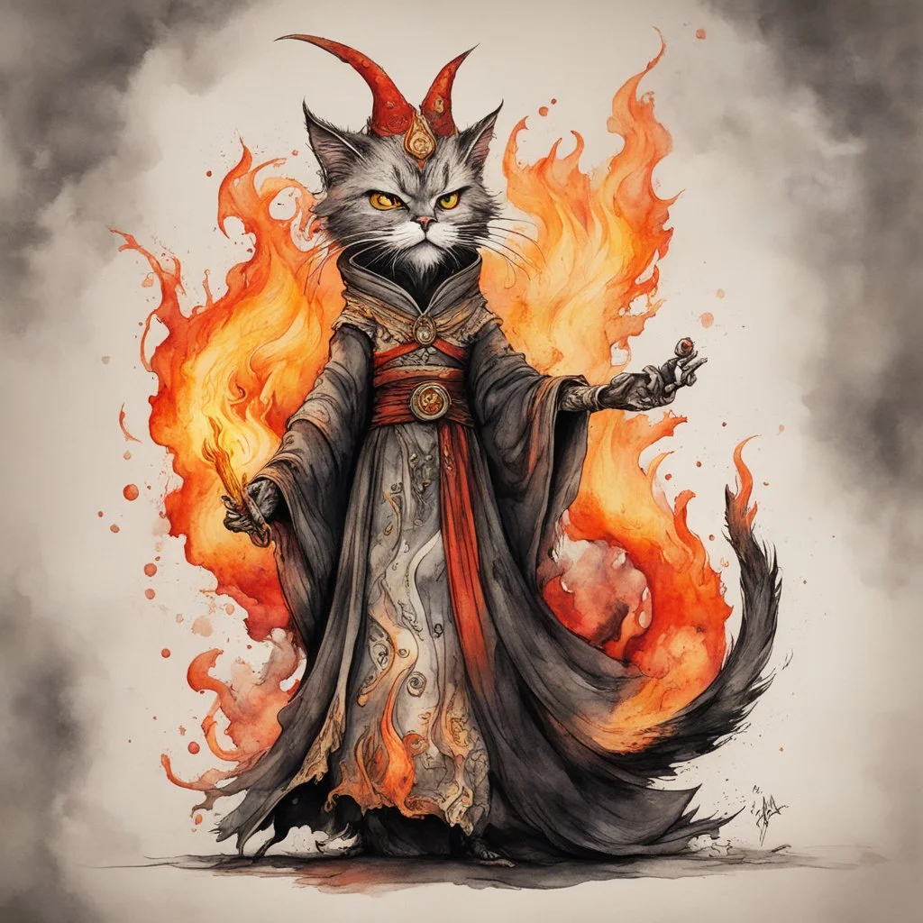 create an abstract ink wash and watercolor full body caricature of an aged, malevolent, ornately dressed , 14th century sorceress cat wreathed in fire ,highly detailed with refined feline features in the cartoon caricature style of Gerald Scarfe and Ralph Steadman precisely drawn, boldly inked, vividly colored, 4k