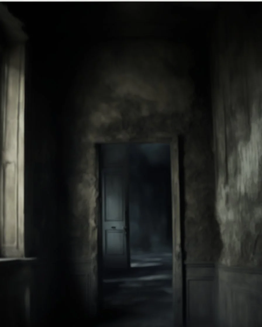 An ancient, weathered door stands in an abandoned house, shrouded in deep, engulfing darkness. The walls are rough and covered in moss and dust, with wooden beams crumbling and floors uneven. The faint light coming from a small particle of the philosopher's stone, placed mysteriously near the door, emits a warm, surreal glow, contrasting with the surrounding darkness. The stone’s light weakly illuminates the nearby area, casting long, eerie shadows. The atmosphere is thick with mystery and tensi
