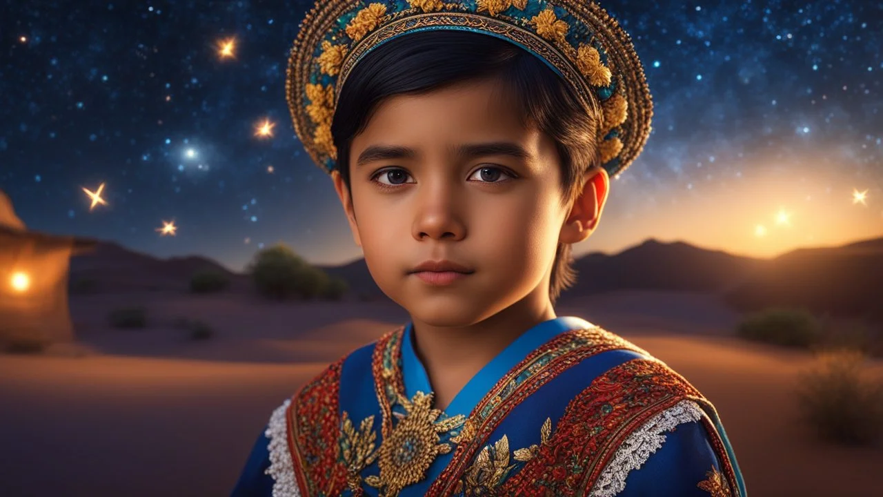 little very young Mexican boy, handsome, peaceful, gentle, confident, calm, wise, happy, facing camera, head and shoulders, traditional Mexican costume, perfect eyes, exquisite composition, night scene, fireflies, stars, Mexican landscape , beautiful intricate insanely detailed octane render, 8k artistic photography, photorealistic concept art, soft natural volumetric cinematic perfect light, chiaroscuro, award-winning photograph, masterpiece, Raphael, Caravaggio, Bouguereau, Alma-Tadema