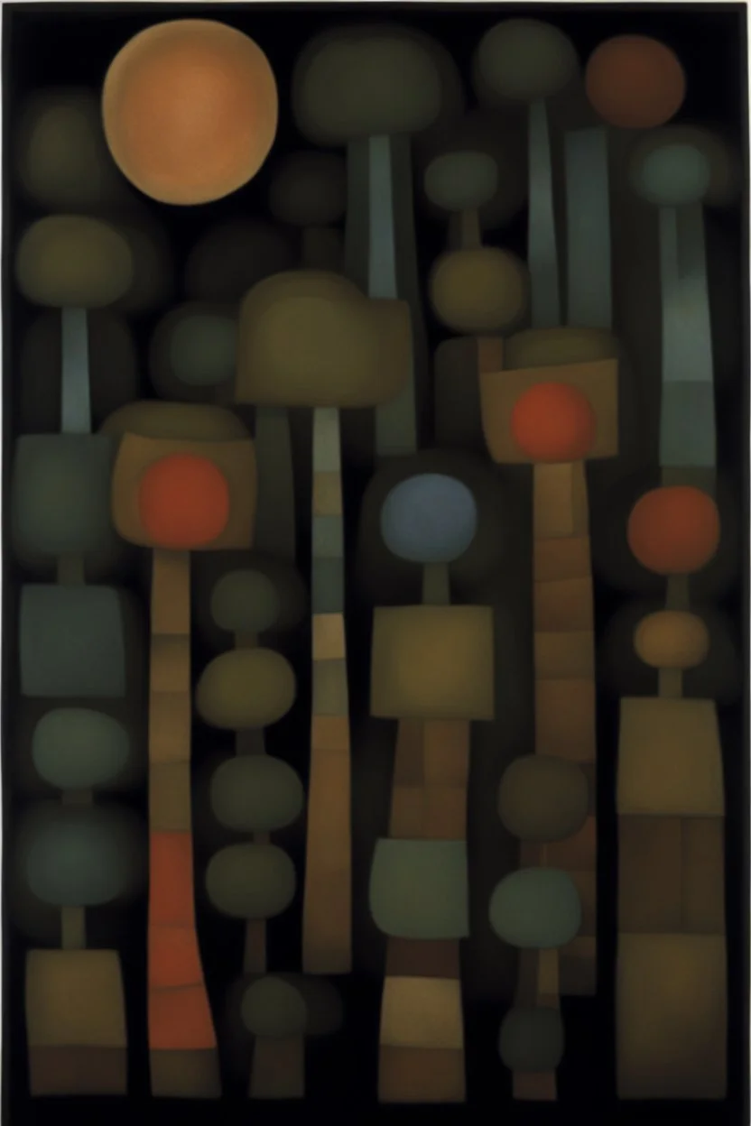 A beautiful girl brownish black murky rainforest at nighttime painted by Paul Klee