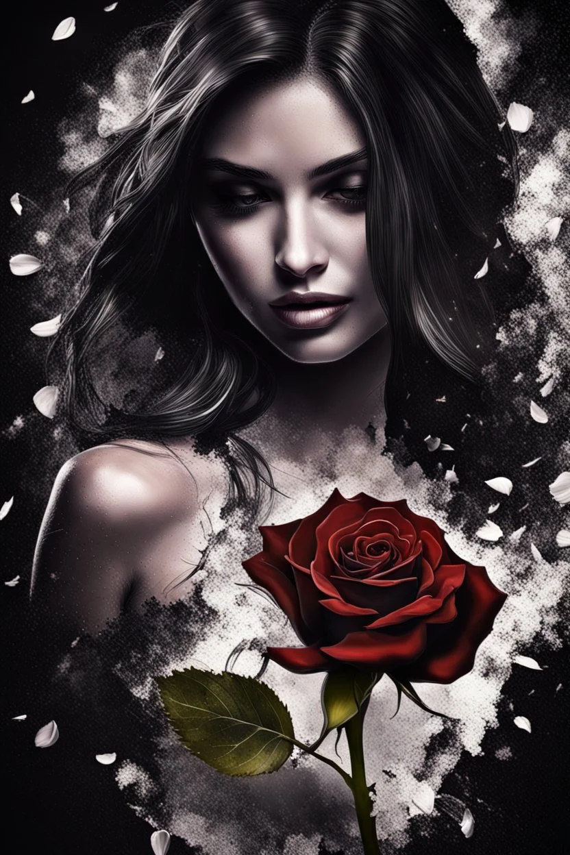 image of a black rose, petals, action are fallingl to the ground, each petal has a cinematic scene on it, scenes of sorry, broken heart, fighting of lovers, bruised eye of girl, theme is built around the picking of petals while saying he loves me, he loves me not, cinematic lighting