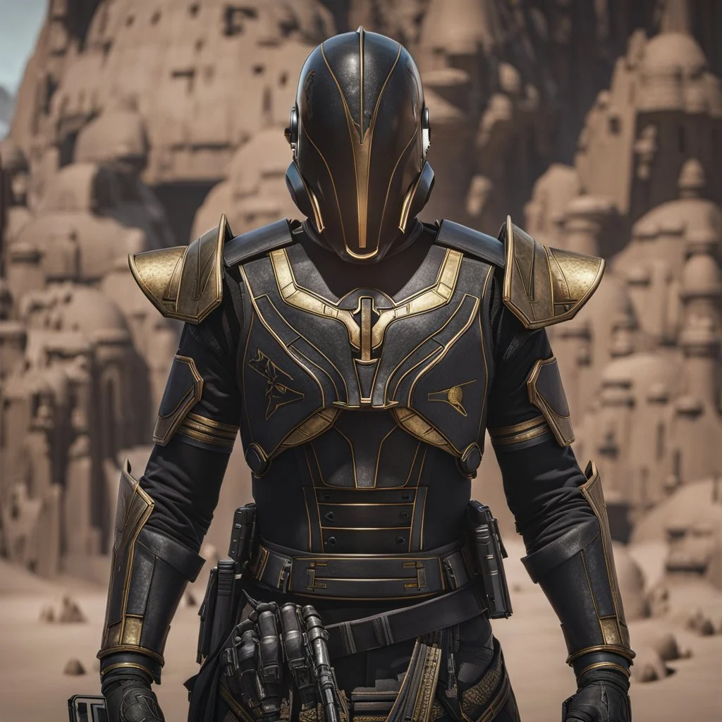 star wars bald male corellian pilot wearing pearlescent black and gunmetal grey First Order special forces heavy assault armor and helmet with gold trim inside the jedi temple, centered portrait, hyperdetailed, dynamic lighting, hyperdetailed background, 8k resolution, volumetric lighting, light skin, fully symmetric details