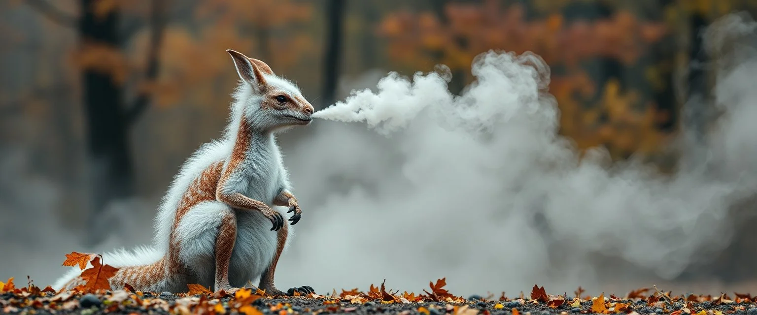 kangaroo dragon with white fluffy whool in autumn, breathing smoke