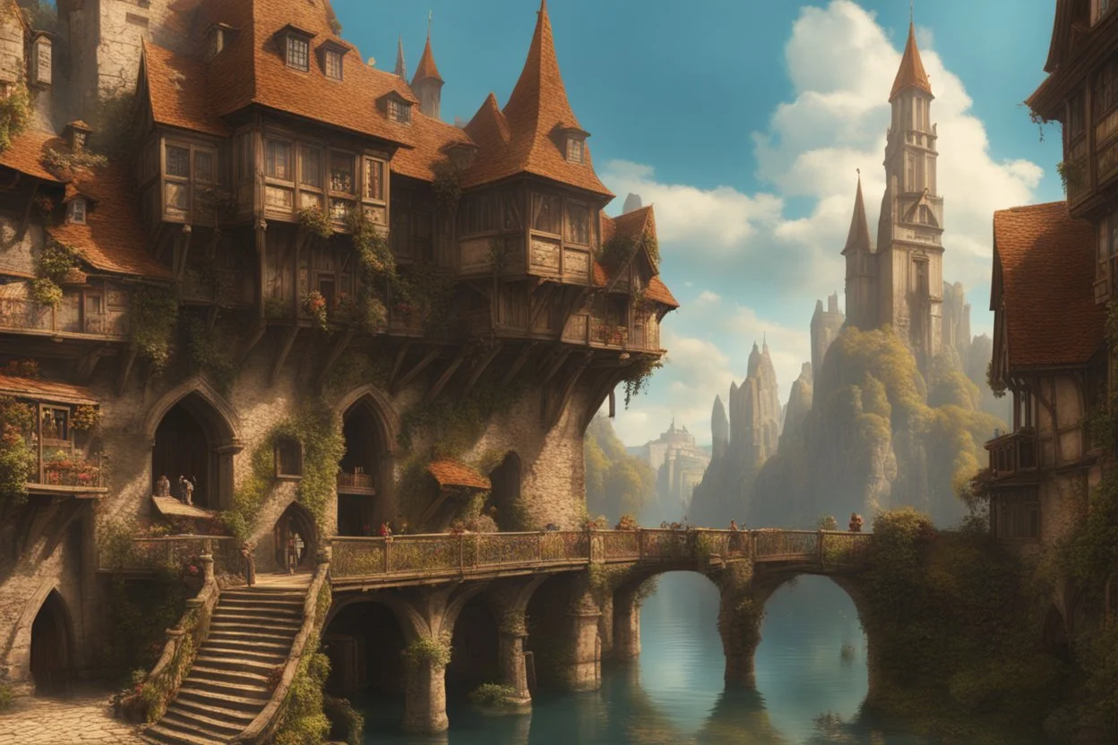 medieval buildings with balconies overhanging lake edge with blue sky and people, photorealism detailed matte painting, fantastical, intricate detail, splash screen, concept art