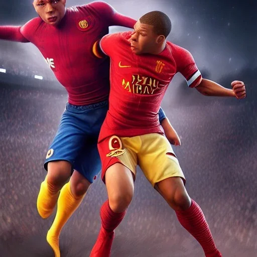 Insanely detailed portrait of mbappe fighting messi as superheroes:: perfect proportions :: by Artgerm, Greg Olsen, Pixar, WLOP :: hyperrealistic, hyper detailed, photorealistic :: a masterpiece, incredible composition, amazing depth, imposing, meticulously composed, 8k :: unreal engine :: Mappa studios :: detailed matte painting, deep color, fantastical, intricate detail, splash screen, complementary colors, fantasy concept art, 8k resolution trending on Artstation Unreal Engine