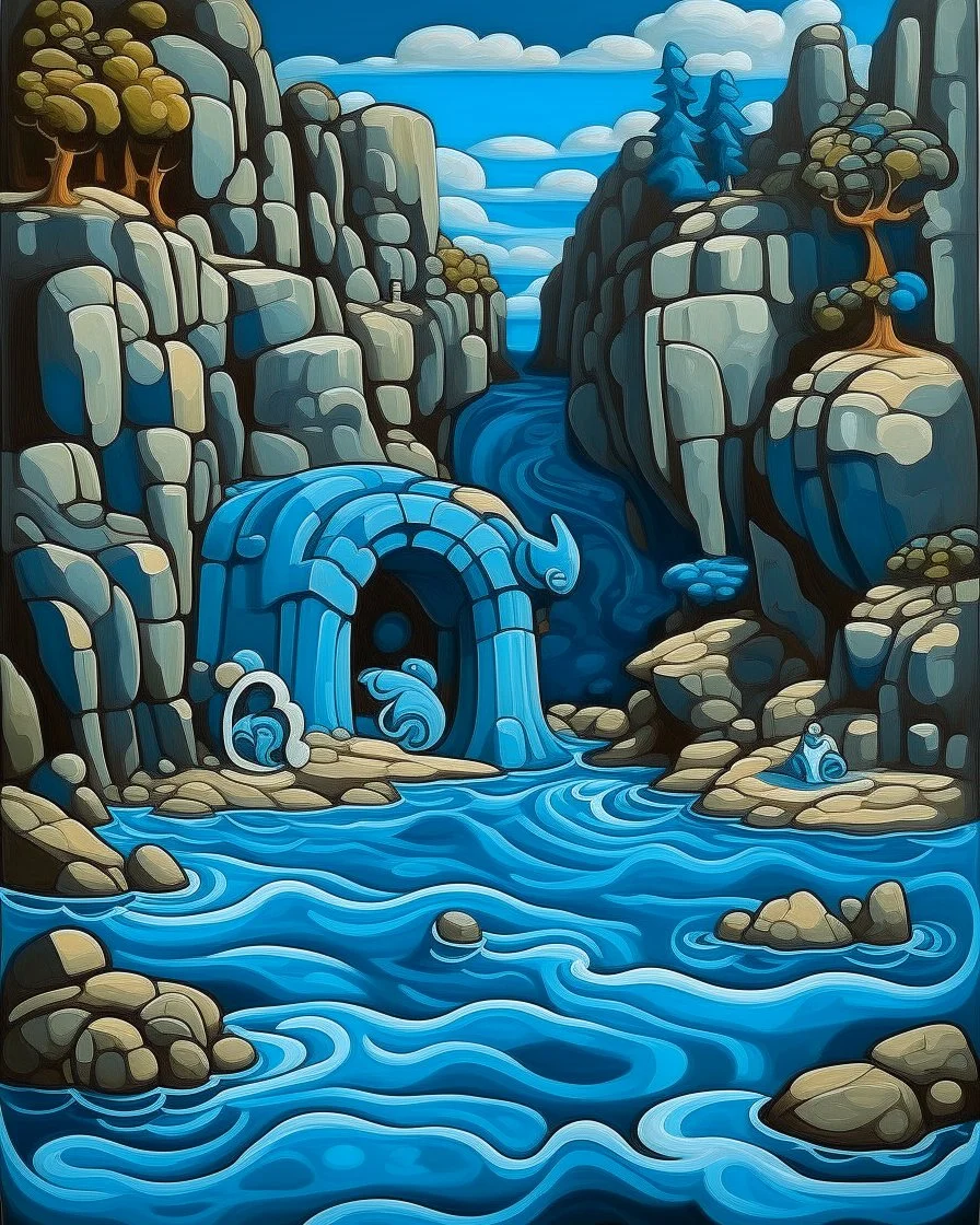 A blue watery cove with treasure designed in ancient Roman mosaics painted by Thomas Hart Benton